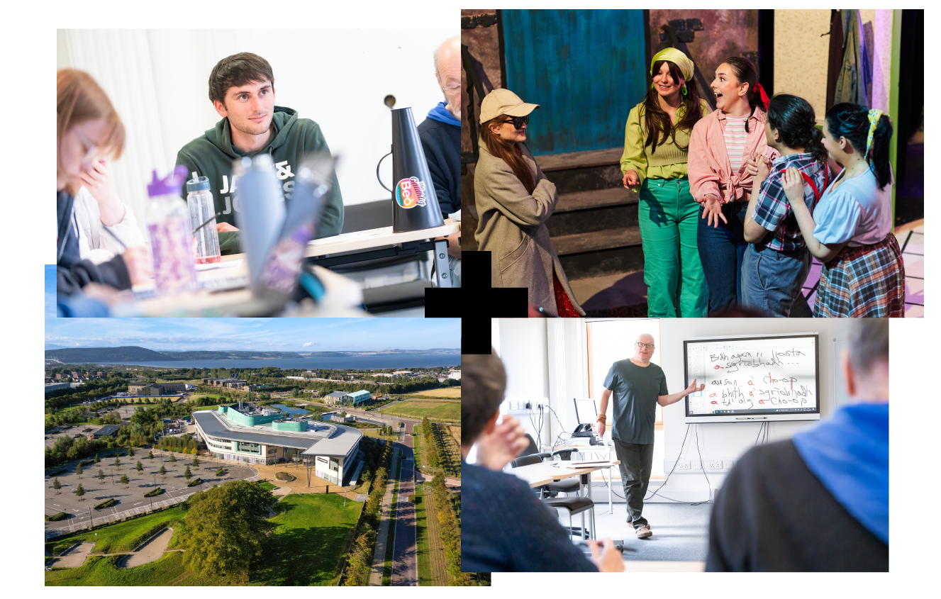 Collage of 4 images | students in UHI Perth doing musical performance | a male student in class | Areal shot of UHI Inverness | Areal shot of UHI SMO