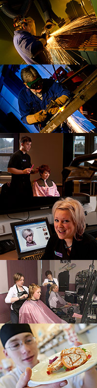 A person grinding metal | A person welding metal | Two people performing | A woman on a laptop | A hair salon | A chef showing his food