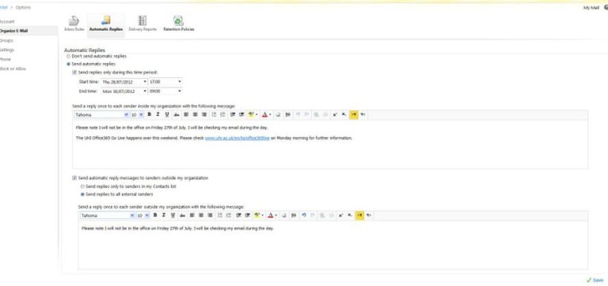 Out of office automatic replies