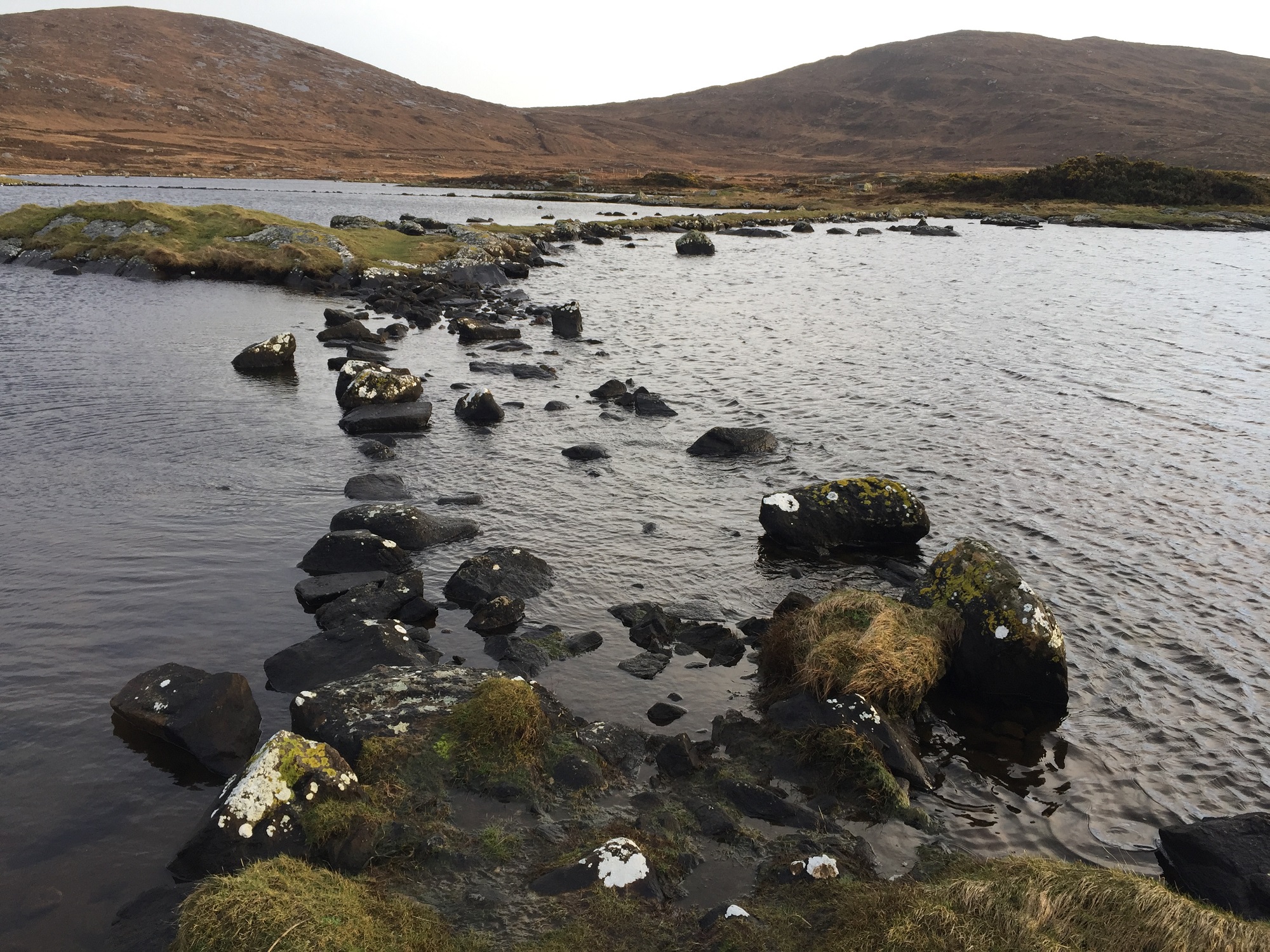 A body of water with a mountain in the background