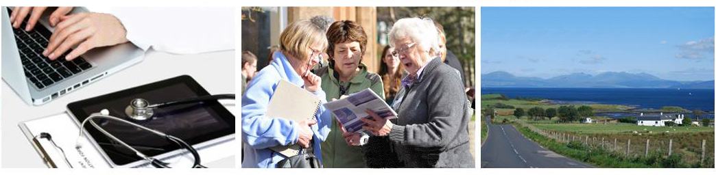 Person using a laptop with a stethoscope next to them | A group of people talking | A landscape picture