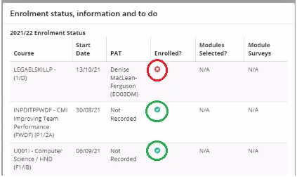 Screenshot of enrolment status webpage