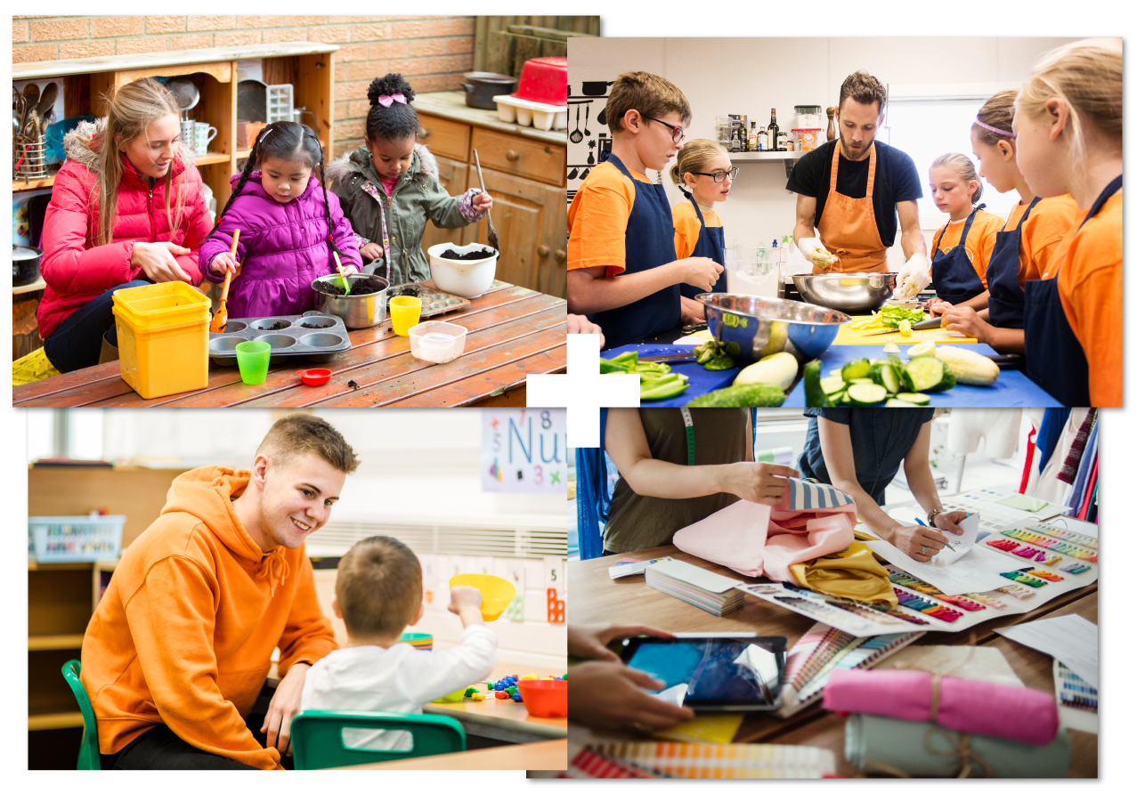 Collage of 3 | Nursery teachers with kids | Home Econ class | textile