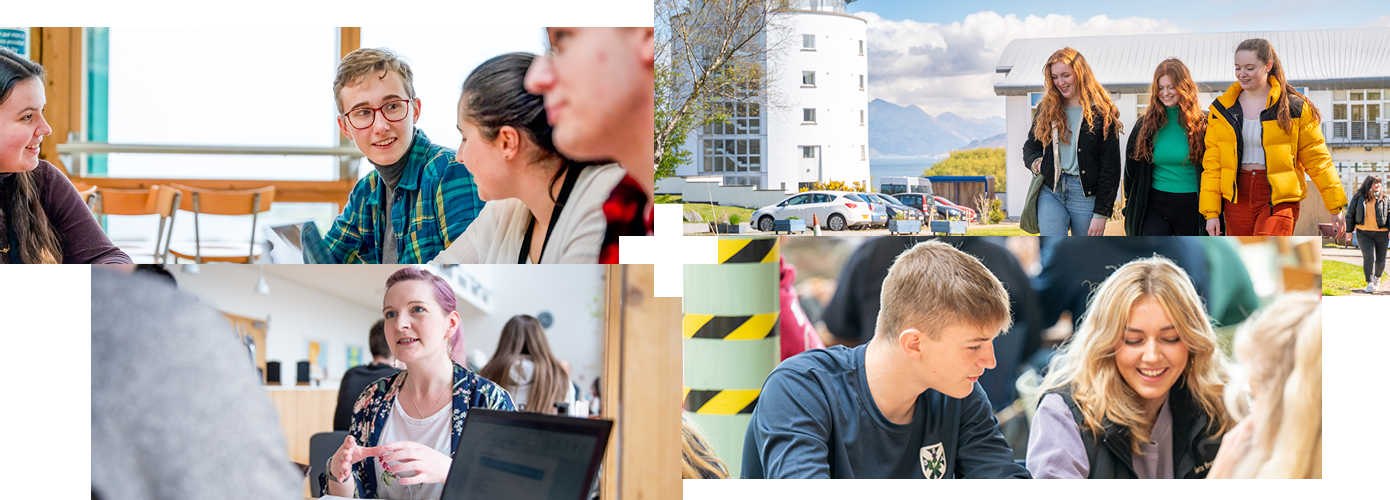 Collage of 4 | Students in a canteen | Students walking outside | Woman sitting at table | Students sitting at a table