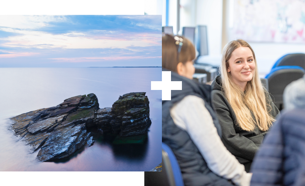 Collage of 2 | Coastline at dawn, Orkney | Student smiling in a classroom