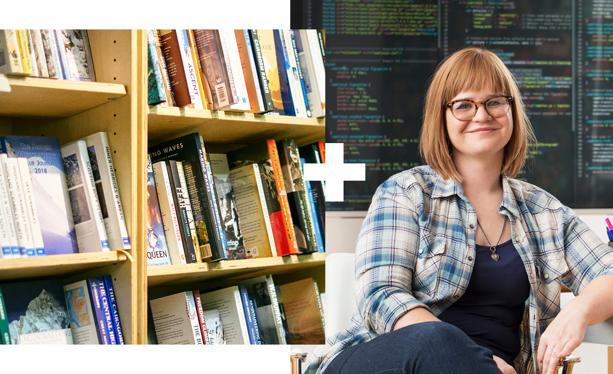 Collage of 2 | Bookcase | Woman sitting in front of a computer