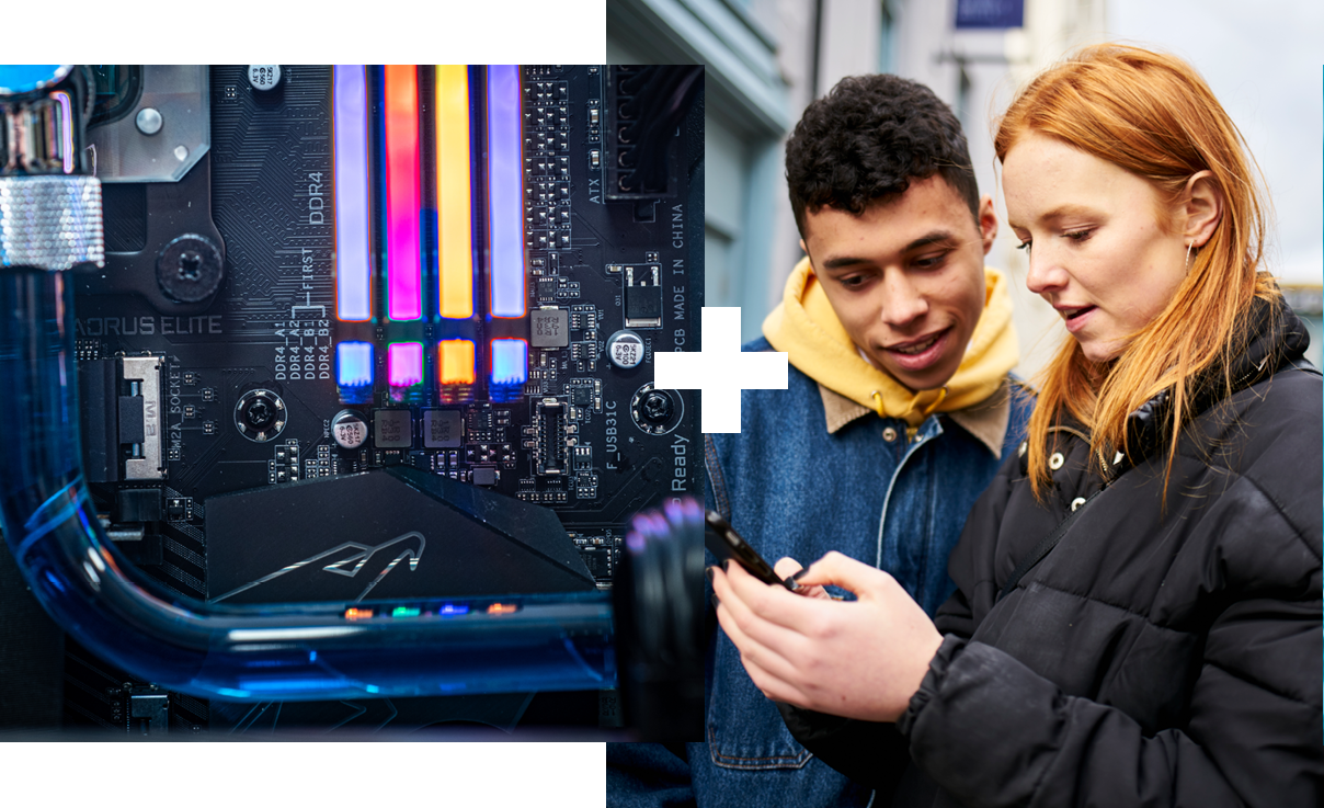 Collage of 2 | Close-up of a computer | Two students on a phone