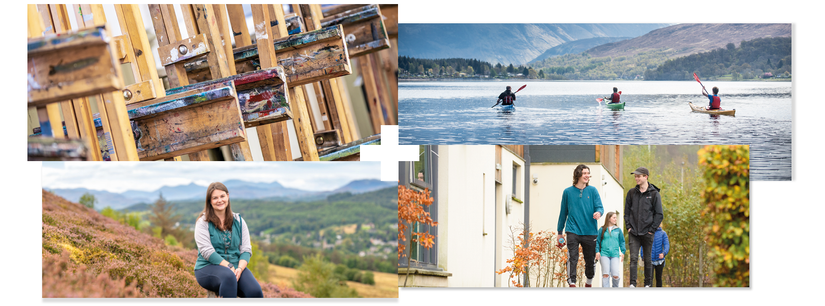 Collage of 4 | Painting easels | A group of students kayaking | A student sitting on a hill | Students walking outside student accommodation