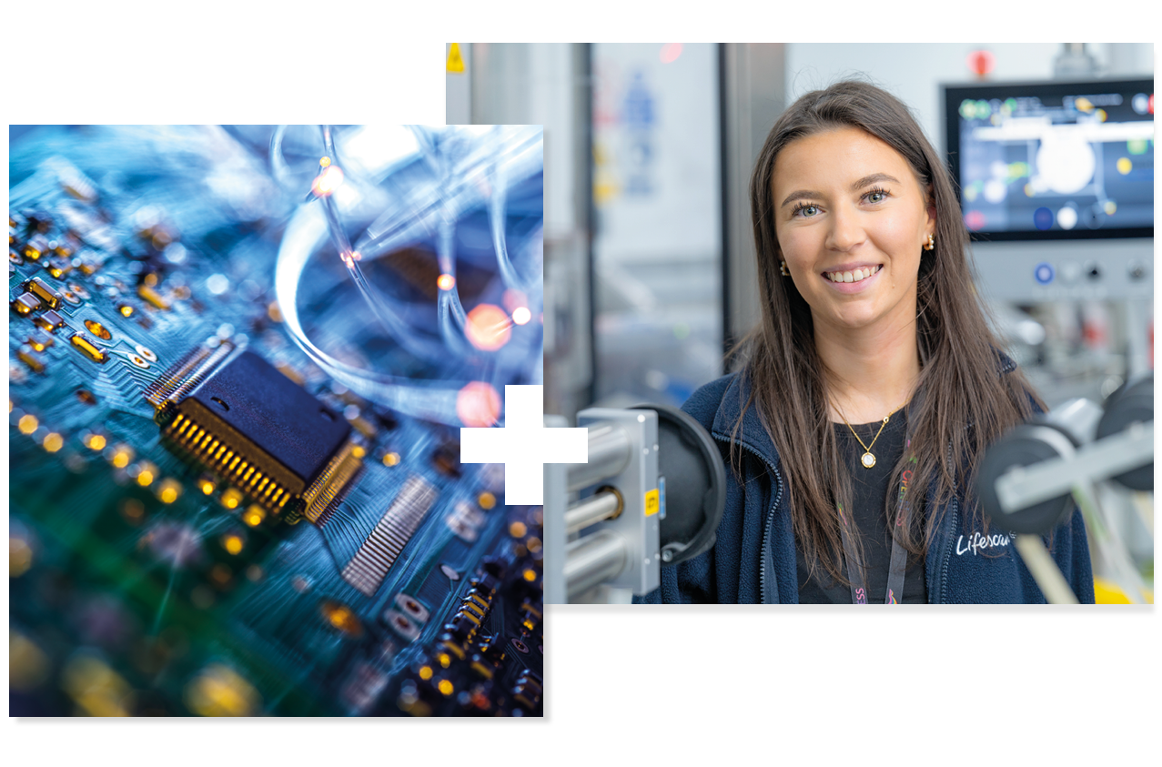 Collage of 2 | Close-up of a circuit board | A student in a factory