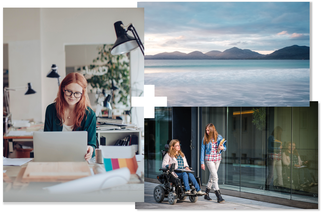 Collage of 3 | A student at a laptop | The sea | Students outside a campus