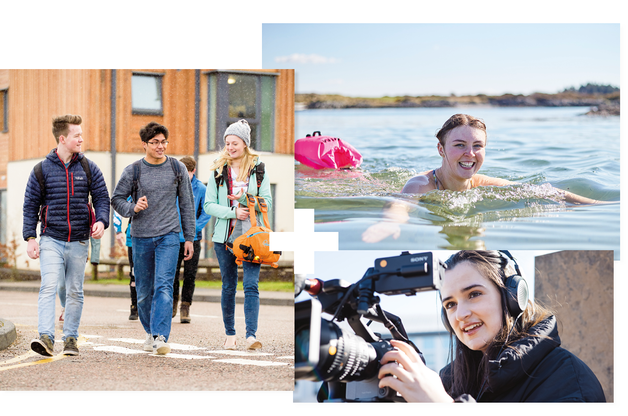 Collage of 3 | Students walking outside student accommodation | Student wild swimming | Student looking through a camera