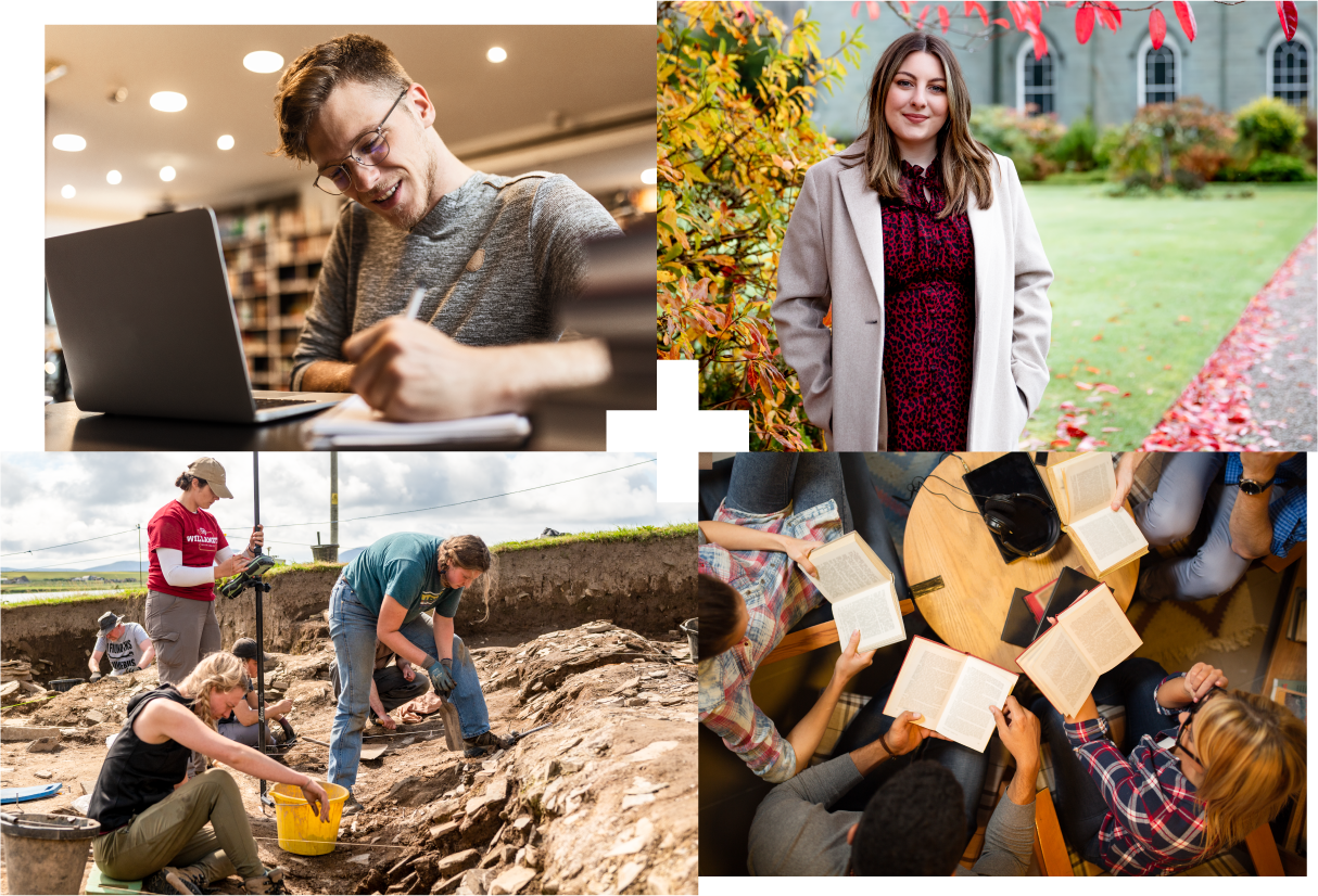 Collage of 4 | Study in library | Student at a castle | Group of students | Archaeological excavation